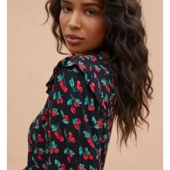 Reformation Bedford Long Sleeve Dress Cherry Print, Fruit, Retro, Vintage Sz L - Picture 3 of 12